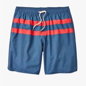 Fair Harbor Blue Swim Board Shorts with Red Stripes